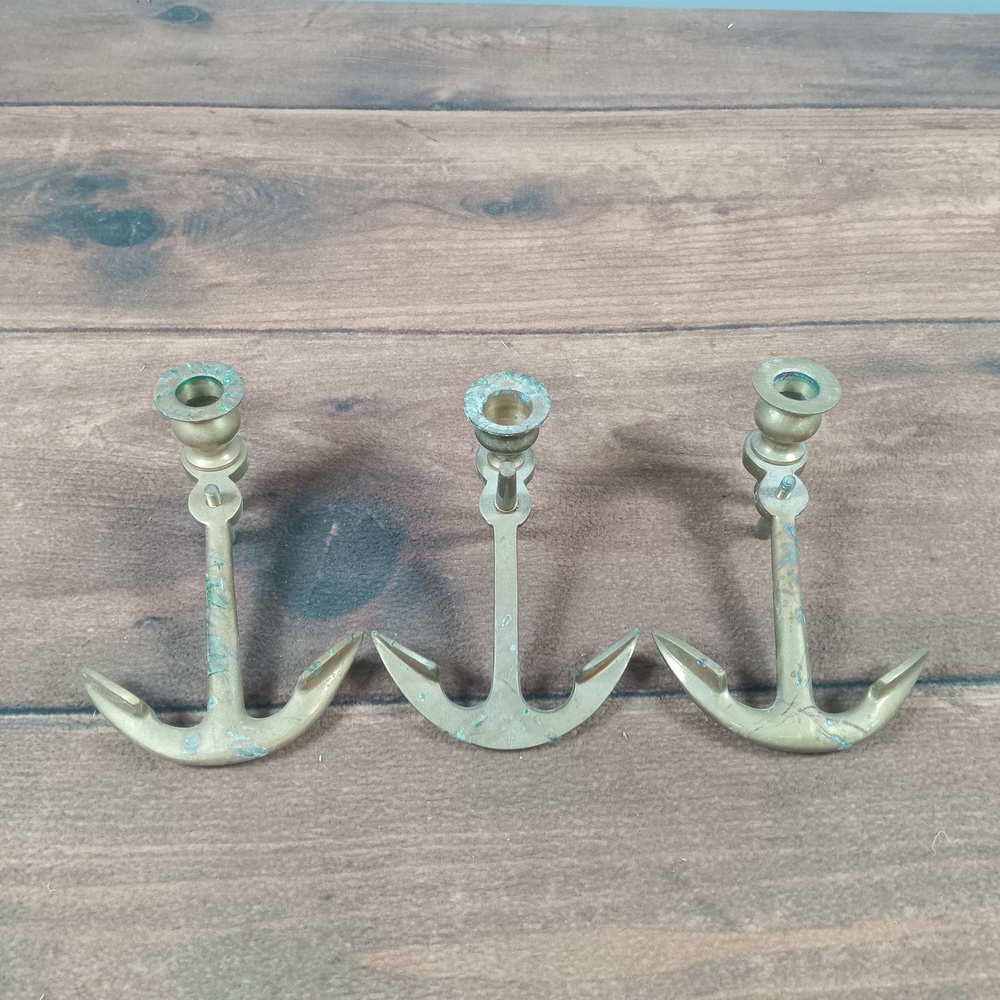 Mariners Delight Candle Holder Set Of‎ 3 Brass Anchor Shaped Nautical Classic